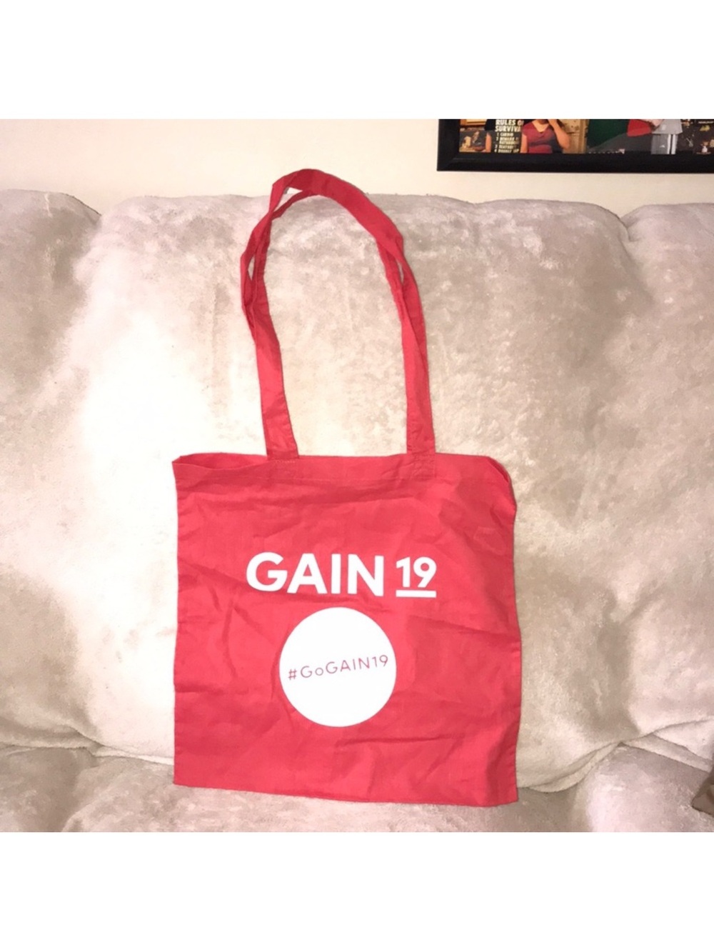 Hit promotional products GAIN 19 #gogain19 Red & white linen Tote Bag